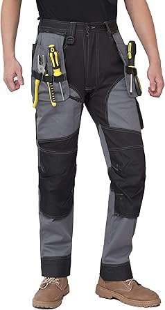 WORK IDEA Men's Work Trousers, Trousers with Multifunctional Pockets, Trousers with Removable Flight Pockets, Oxford Knee Pockets, Cotton Stretch Trousers
