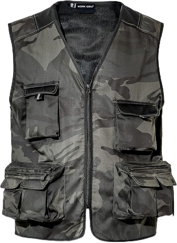 WORK IDEA Men's Outdoor Work Vest Multi-Pocket Fishing Vest Light Field Vest Camouflage Vest Summer Multifunctional Vest Breathable Fishing Vest