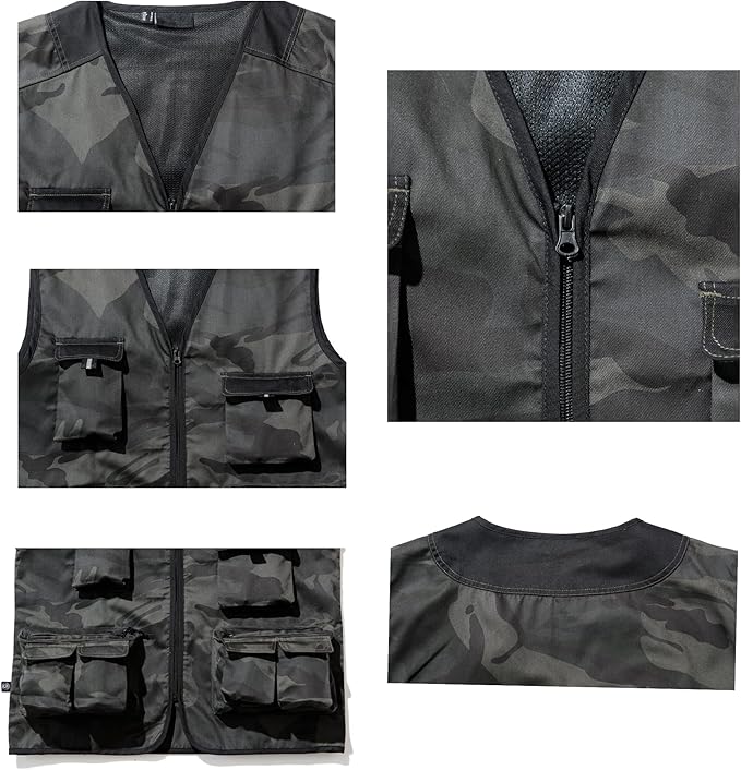 WORK IDEA Men's Outdoor Work Vest Multi-Pocket Fishing Vest Light Field Vest Camouflage Vest Summer Multifunctional Vest Breathable Fishing Vest