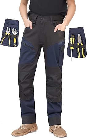 WORK IDEA Men's Work Trousers, Trousers with Multifunctional Pockets, Trousers with Removable Flight Pockets, Oxford Knee Pockets, Cotton Stretch Trousers