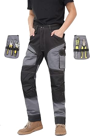 WORK IDEA Men's Work Trousers, Trousers with Multifunctional Pockets, Trousers with Removable Flight Pockets, Oxford Knee Pockets, Cotton Stretch Trousers