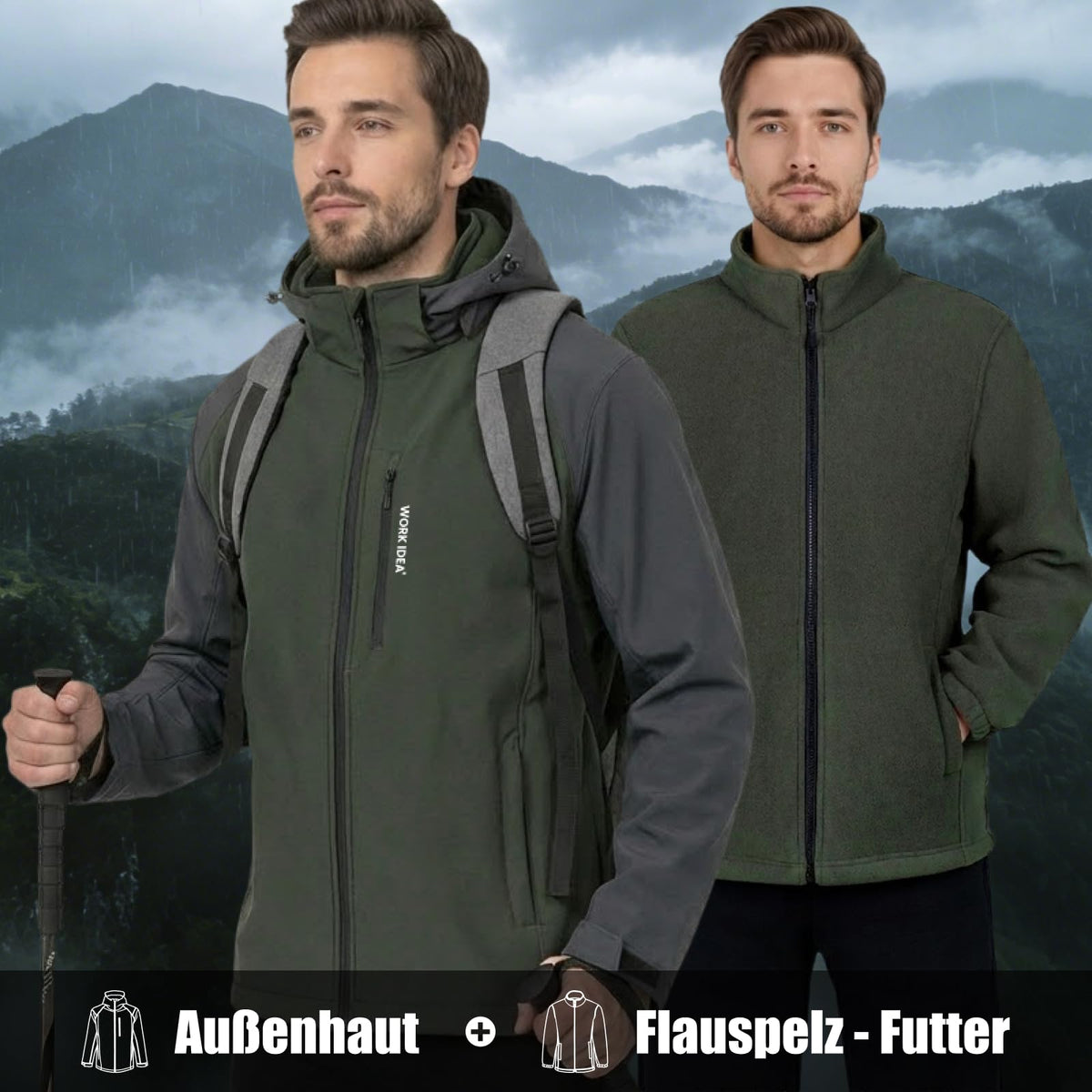 WORK IDEA Men's 3-in-1 Waterproof Breathable Windproof Jacket with Hood and Fleece Inner Jacket - Functional Jacket for Hiking, Cycling, Camping and Outdoor Activities